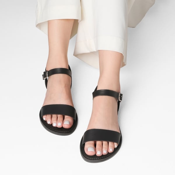 Ankle Strap Open Toe Flat Sandals - ALL BLACK - 4